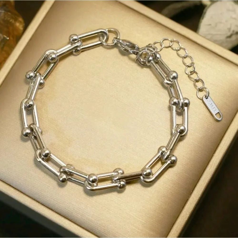 Silver Stainless Steel U Link Horseshoe Bracelet